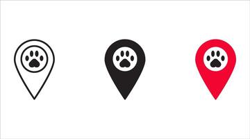 Map pointer paw print icon set. Dog paw print icon on location pin . Pet locator icon vector