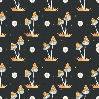 Seamless pattern with groovy mushrooms. vintage agaric. Hippie illustration in flat cartoon style. Psychedelic background