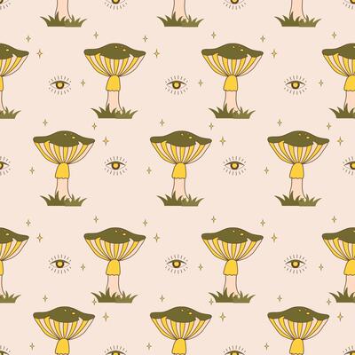 Seamless pattern with groovy mushrooms. Abstract agaric. Hippie illustration in flat cartoon style. Psychedelic background