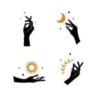 Boho hand with moon and sun. Collection of bohemian aesthetic design logos. Alchemy esoteric talismans. illustration in minimalist style vector