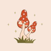 Groovy mushrooms. Abstract vintage agaric. Hippie illustration in flat cartoon style. Psychedelic funky funguses vector