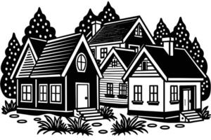 Illustration of houses among trees in black and white color scheme vector