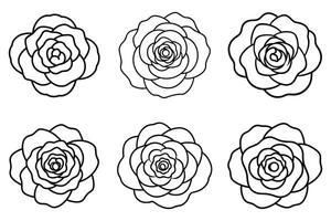 Six rose flower outlines isolated on white background, simple design vector