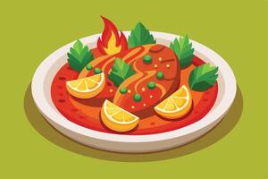 Illustration of a bowl of asian soup with meat and eggs on orange background vector