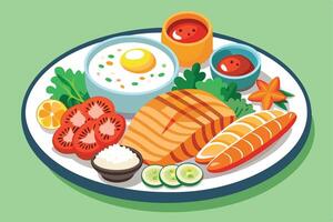 Plate of salmon with vegetables isolated on white background vector
