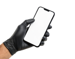 A Hand with a black glove holding a smartphone mockup with a blank white screen isolated on a transparent background app or website design png