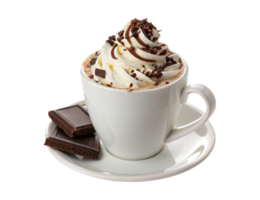 White cup of coffee with chocolate and chantilly isolated on a transparent background drinks design png