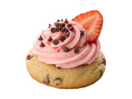Chocolate chip cookie topped with creamy strawberry frosting cream isolated on a transparent background png