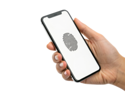 A hand holding a smartphone with a screen displaying a fingerprint icon isolated on a transparent background cyber security concept png