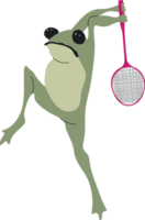 Cute cartoon frog gripping a badminton racket and shuttlecock png