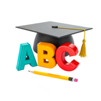 Colorful Alphabet Letters A B C with Pencil, Graduation Cap, 3D render, Representing back to school, Education and Learning png