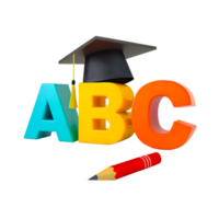 Colorful Letters A B C Alphabet with Pencil, Graduation Cap, 3D render, Representing back to school, Education and Learning png