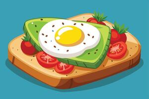 Illustration of avocado toast with egg and tomatoes on blue background vector