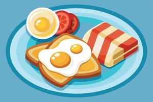 Breakfast plate with eggs, toast, bacon, and juice illustration vector
