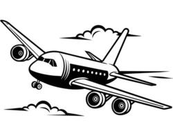 Airplane flying through clouds in black and white illustration vector