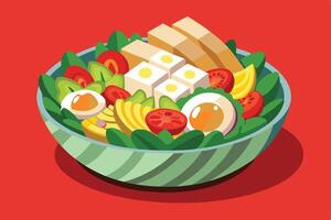 Healthy salad with tofu and eggs on a red background illustration vector