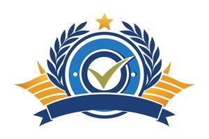 Blue and gold emblem with checkmark isolated on white background vector