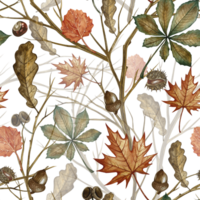 Seamless pattern with different autumn leaves and branches. Handmade watercolor illustration. Color image. For packaging, decor, textiles, wallpaper, for printing and wrapping paper. png