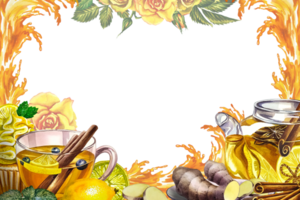 Tea drinking. Frame. Fragrant antiviral tea with lemon, cinnamon and ginger. Watercolor. Tea invitation. For flyers, packages and posters. png