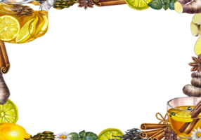 Tea frame. Fragrant antiviral tea with lemon, cinnamon and ginger and honey. Glass teapot and cup png