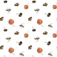Seamless pattern with various autumn elements and bees. Handmade watercolor illustration. Color image. For packaging, decor, textiles and wallpaper, for printing, wrapping paper. png