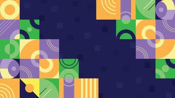 Creative abstract background with vibrant geometric shapes including squares circles and lines on dark blue vector