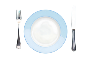 A simple place setting shows a light blue rimmed plate with a silver fork and knife. png