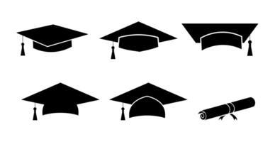Graduation hat icon, mortarboard cap symbol and scroll sign paper isolated background set. vector