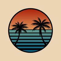 Retro summer sun with palm tree inside badge. vector