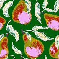a pattern with pears and leaves on a green background vector