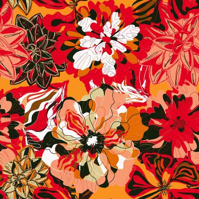 a floral pattern with red, orange and black flowers