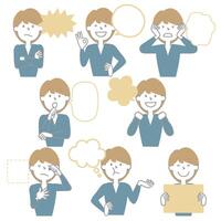 collection set of cute doodle hand draw speech bubble balloon with boy man character facial expression, text box think speak talk vector
