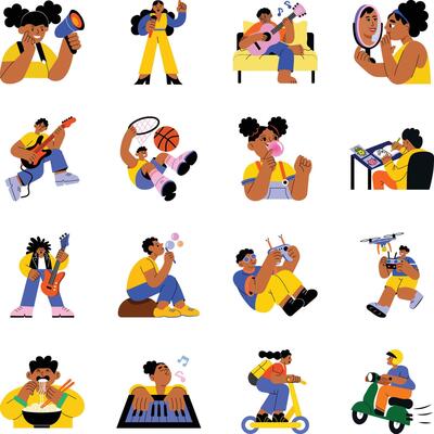 Pack of 16 Teenager Characters Flat Style Illustrations