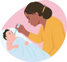 A flat style illustration showing a mother checking newborn fever vector