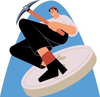 A flat style illustration showing a character doing money mining vector