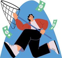 Flat style illustration depicting a character chasing money vector