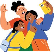 A flat style illustration showing friends taking group selfie vector