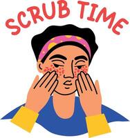A flat style sticker of a character having scrub time vector