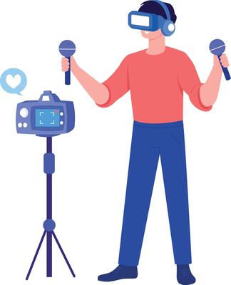 A flat style illustration showing a person doing vr streaming