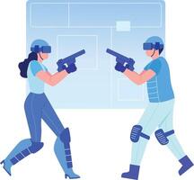A flat style illustration showing two persons playing vr battle game vector