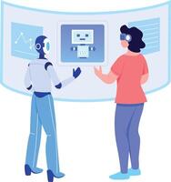 A flat style illustration showing a person talking with robot assistant vector