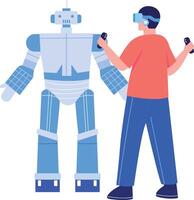 A flat style illustration showing a person with vr robot vector