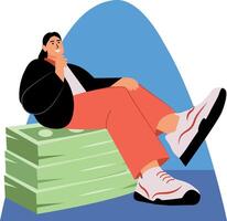 A flat style illustration of financier character sitting on money vector