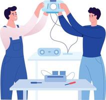 A flat style illustration showing engineer assembling vector