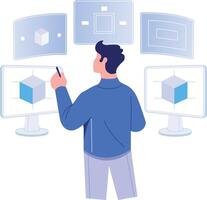 A flat style illustration showing a person looking at vr interface vector
