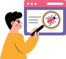 Flat style illustration depicting a character trying to find bug vector