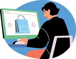 Flat style illustration depicting a character using shopping website vector