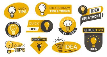 Light bulb badge. Quick tip and did you know badges, creative idea and knowledge labels with light bulbs, interesting trivia questions and fun facts. isolated set vector