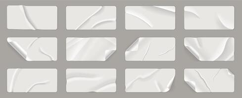 Crumpled sticker. Wrinkled paper labels with adhesive tape, old vintage glued rectangle memo notes with peel corners, realistic sticky tag mockup design. stickers set vector