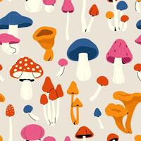 Autumn mushrooms pattern. Fall forest cartoon mushroom seamless print, decorative background with colorful toadstool and edible mushroom for wallpaper design. texture vector